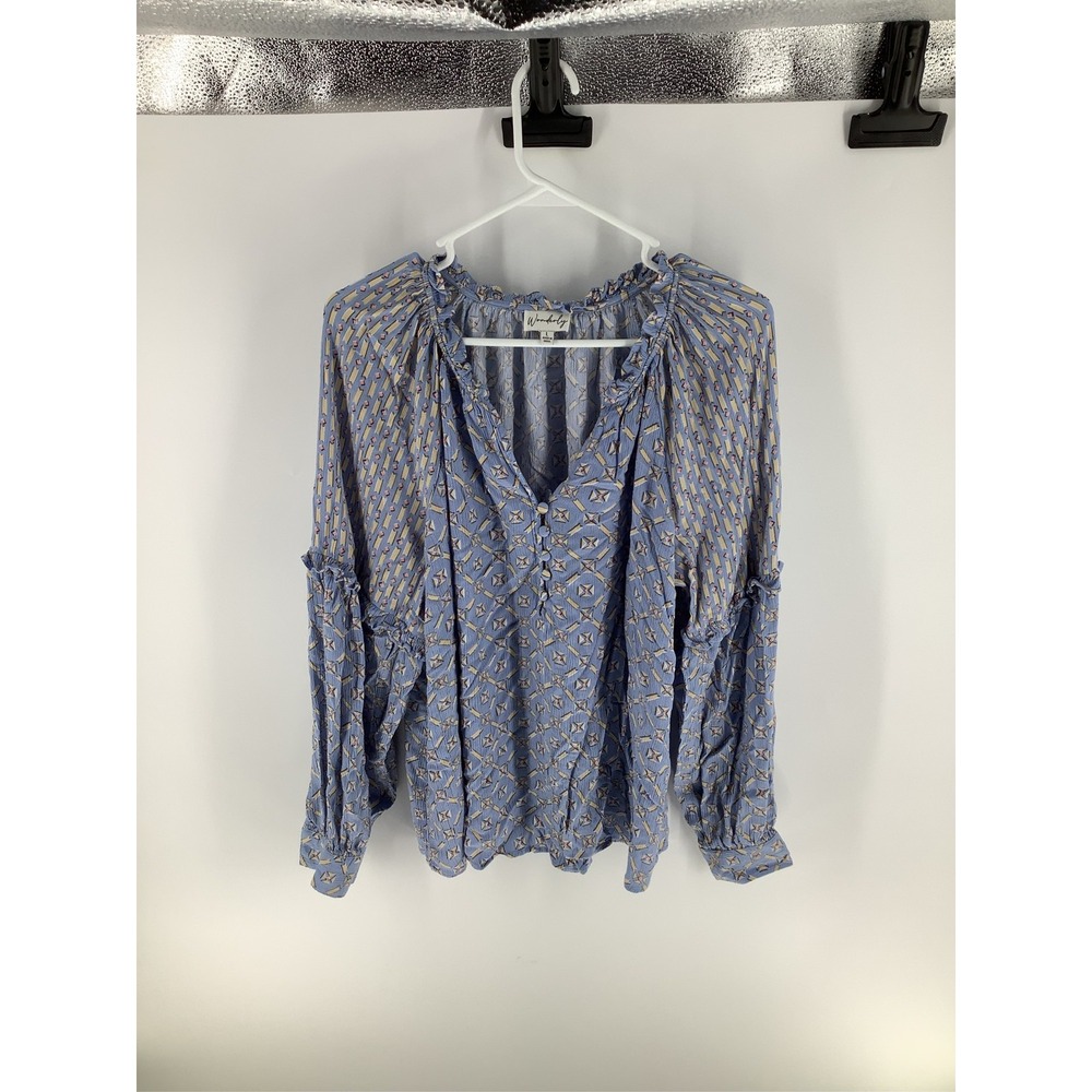 Wonderly Womens Blue Geometric Print Ruffle Neck Long Sleeve Blouse Size L